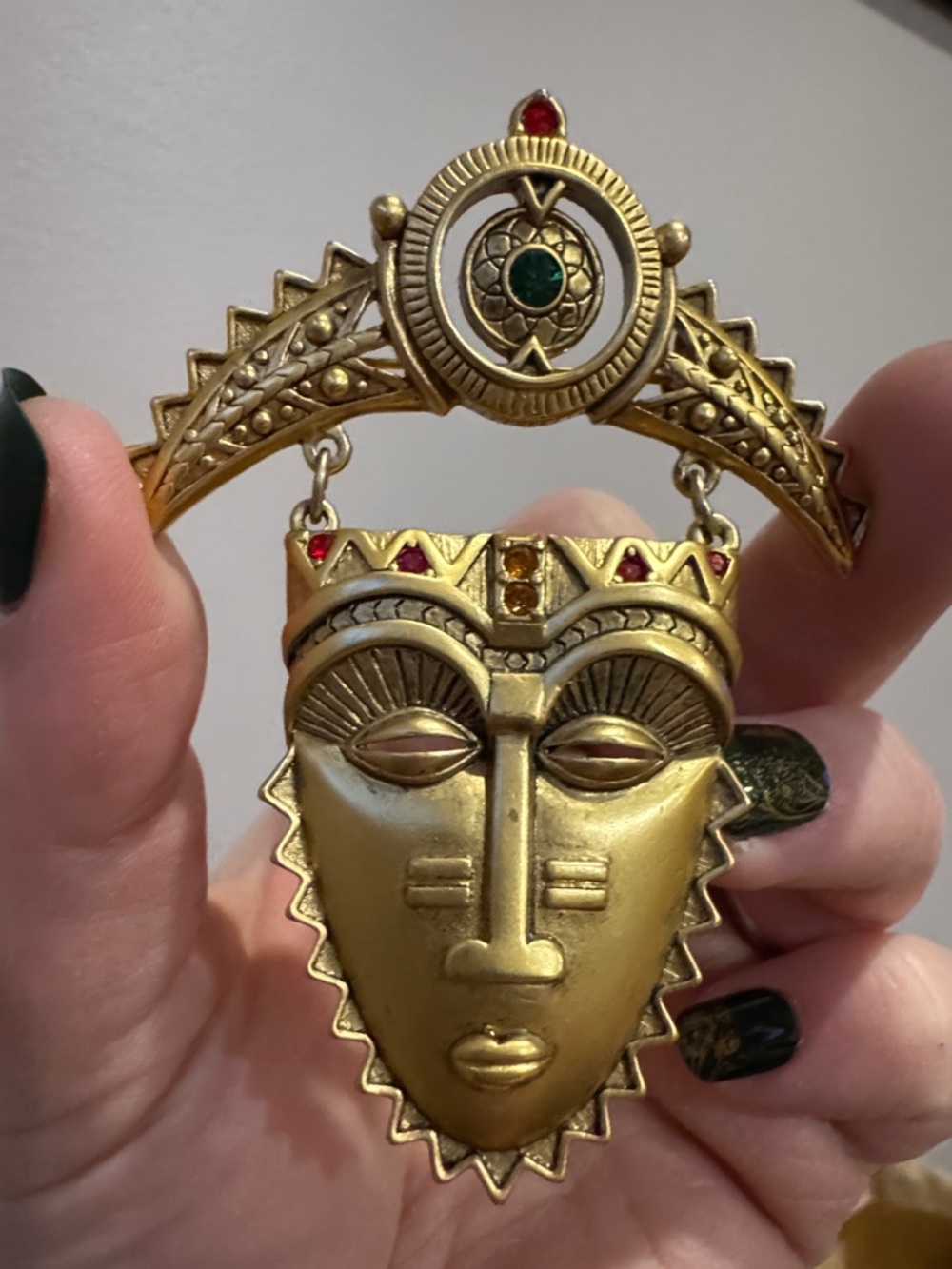 Avon Tribal Mask Brooch with Red & Green Accents